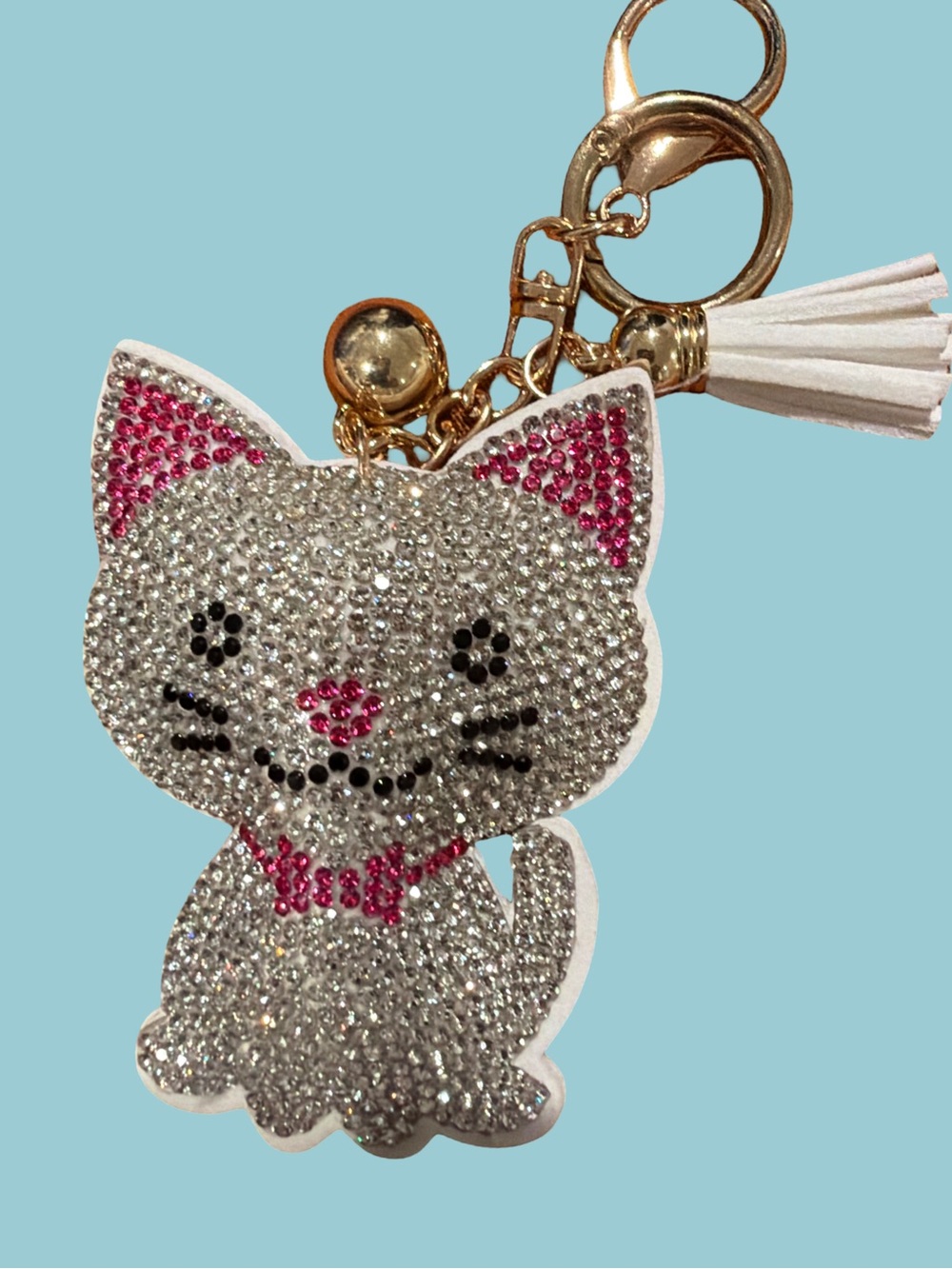 Crystal Cat Keychain Charm - White & Pink